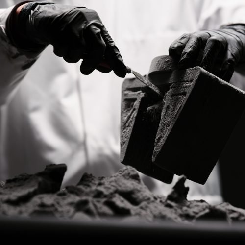 Person holding and cleaning powder off of a 3D printed TPU material gripper